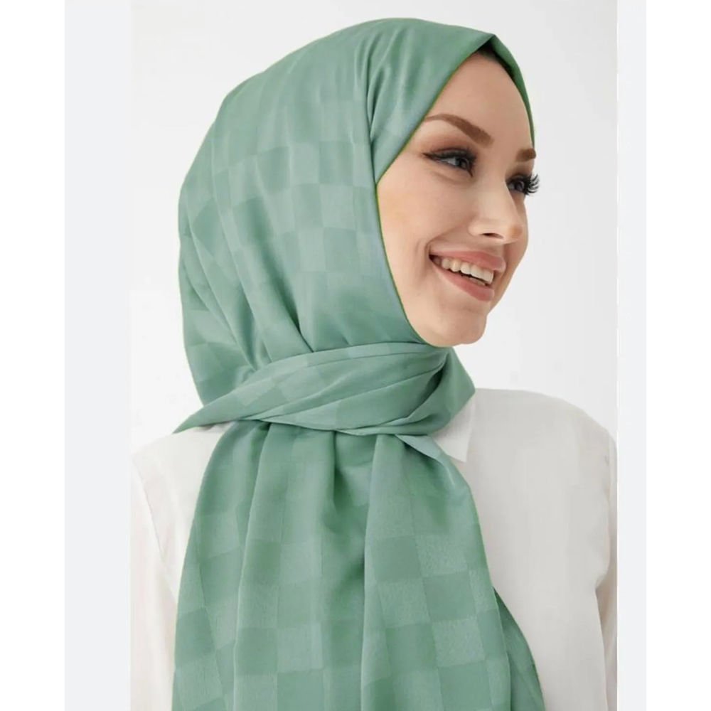 Beni Vidi Scarf Damalı Saten Şal Su Yeşili
