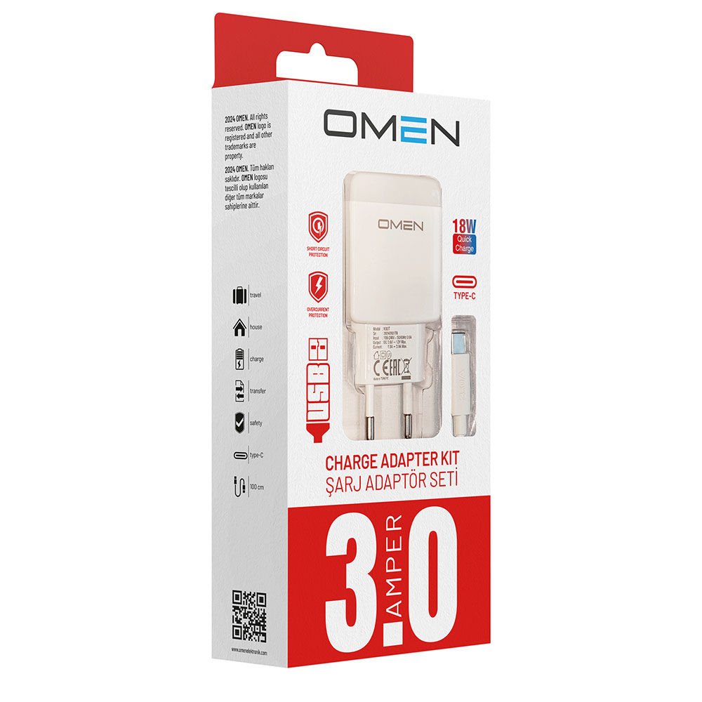 Omen Type-C Hızlı Şarj Adaptör Seti 3.0A 18W