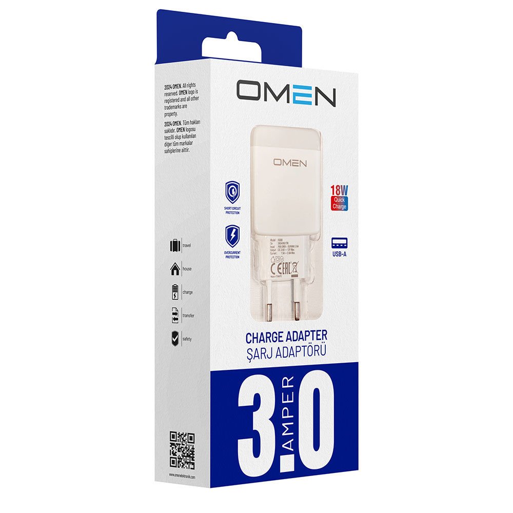 Omen USB-A Hızlı Şarj Adaptörü 3.0A 18W