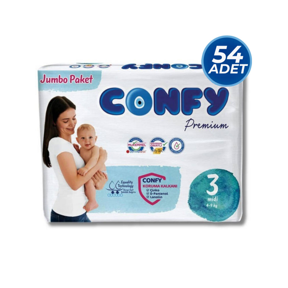 Confy Premium Bebek Bezi 3 Numara Midi 4-9 Kg 54 Adet