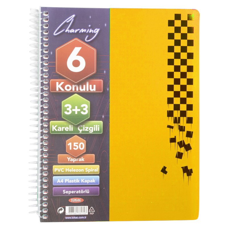 Tokaç A4 3 Kareli 3 Çizgili Ayraçlı Defter 150 Yaprak Sarı